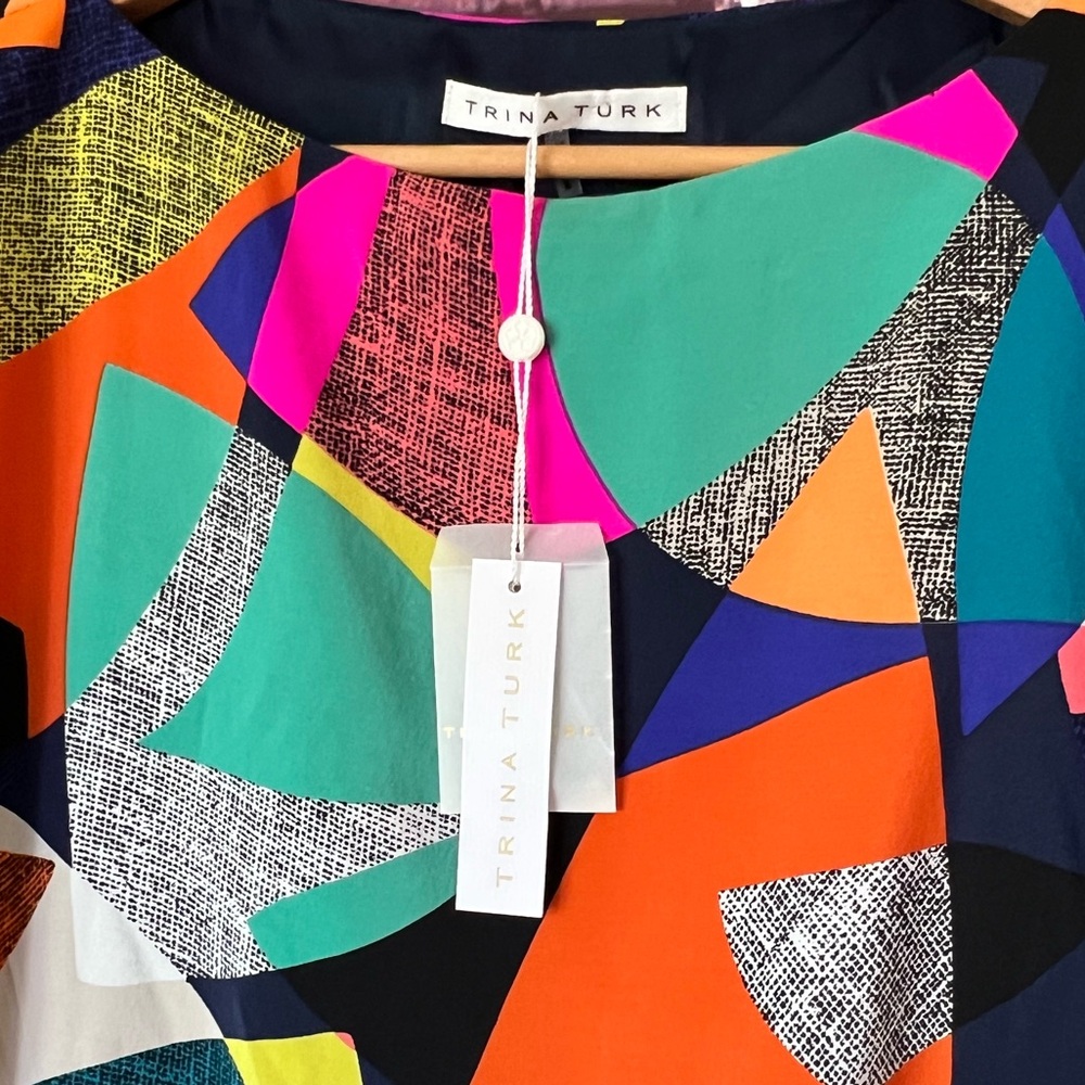 NWT Trina Turk Verge Multicolor Geometric Abstract Silk Top - Picture 4 of 7